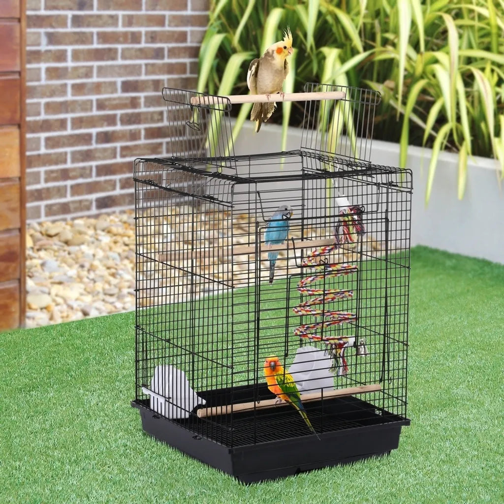 Yaheetech Cage à oiseaux avec jouets et toit rabattable - Noir - 40 x 40 x 58 cm