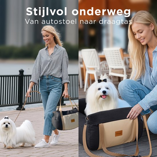 Siège auto pour chien CozySense® - Panier auto pour petit chien - Siège avant et arrière - Housse lavable et sac de transport - Noir/Beige