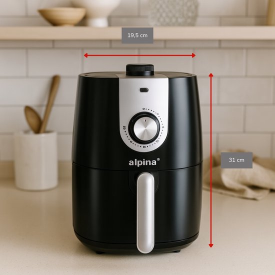 Alpina Airfryer 2L - Friteuse à air chaud pour 1 à 4 personnes - Friteuse à air chaud avec minuterie - Température réglable de 80 à 200 degrés - Avec fonction minuterie - Four à air chaud 900 W