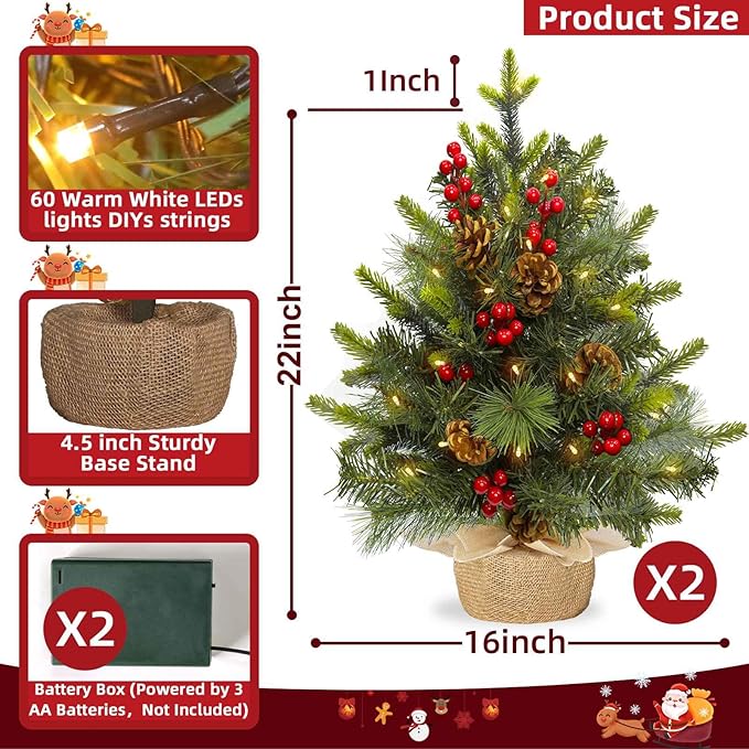 Mini sapin de Noël avec lumières, petit sapin de Noël artificiel, minuterie, 30 lumières led, lumière blanche chaude, pommes de pin, baies rouges, branches réalistes pour décoration de Noël, intérieur, vacances