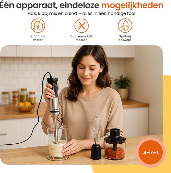 Goliving Hand Blender Set 5-in-1 - Hachoir - Tasse à mesurer - Fouet - 1000W - Accessoires lavables au lave-vaisselle - acier inoxydable - Noir