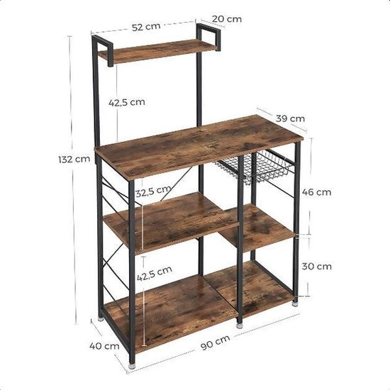 Goliving Armoire de cuisine - Etagère de cuisine verticale - Armoire à micro-ondes - Organisateur - Métal - Bois - 90 x 40 x 132 cm - Marron