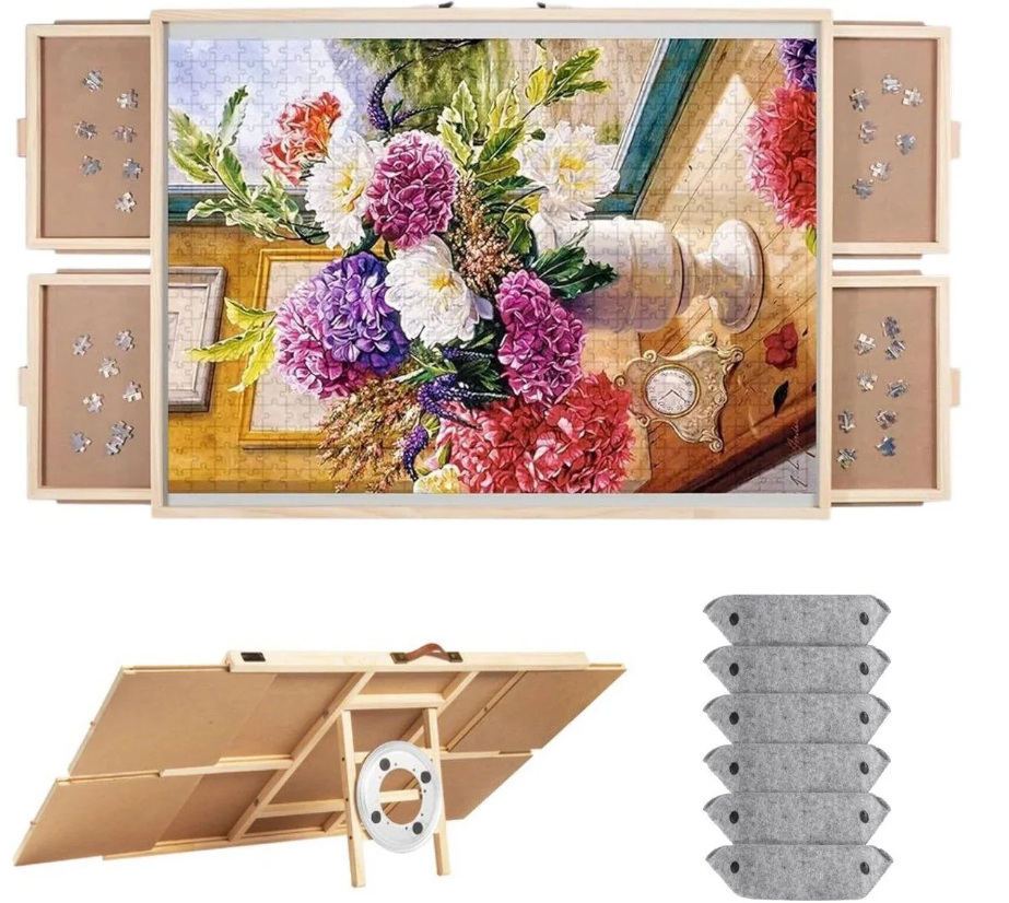 DIYDash Table de puzzle pivotante avec système de rangement - 1500 pièces - 4 tiroirs - tapis - planche - plateau - étagère - Deluxe - tapis roulant - tissu - pour puzzles - 1000