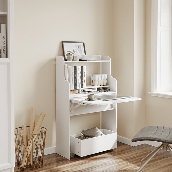 Table pliante murale SoBuy FWT105-II-W - Table pliante multifonctionnelle peu encombrante avec roulettes - Bureau pliant avec tiroir et étagères - Blanc