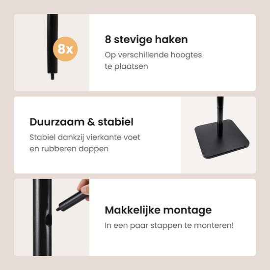 Duna Coat Stand - Porte-manteau sur pied en bois - 8 crochets - 170 cm - noir