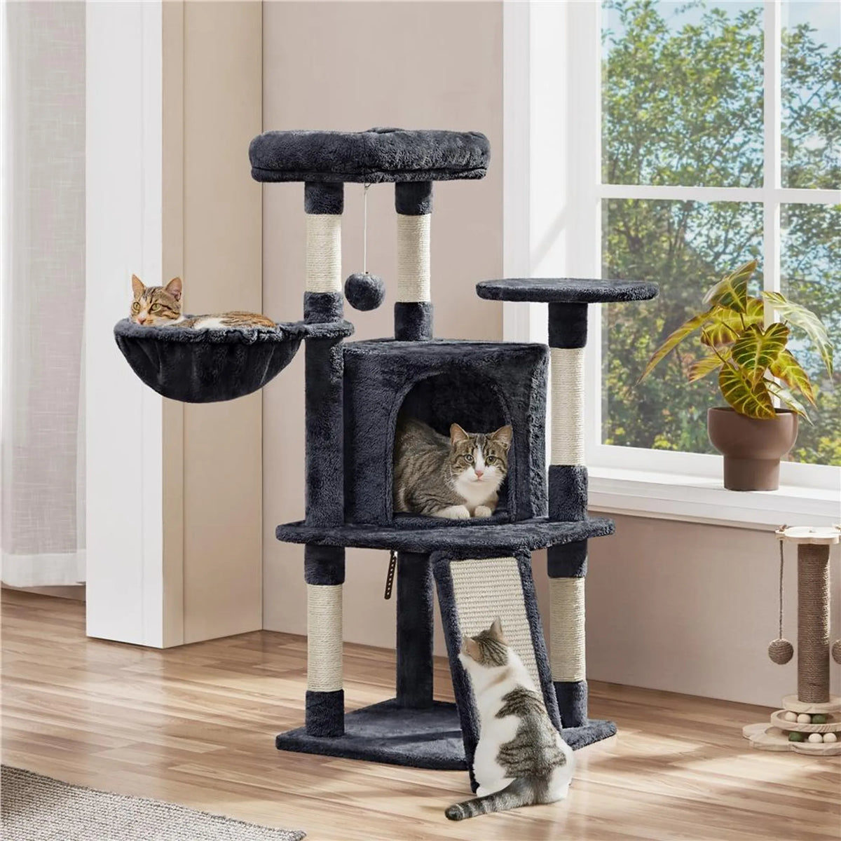 Yaheetech Cat Post With 5 Sisal Poles - Equipped With Padded Viewing Platform And Hammock And Cat Burrow - For 2 To 3 Small And Medium Cats - Dark Grey Plush And Metal - 43,5 x 43,5 x 106 cm