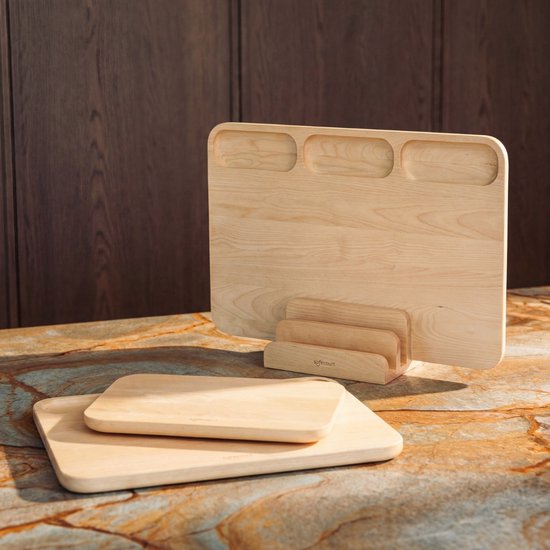Safecourt Kitchen 3 piece wooden cutting board set [100% free of microplastics] - including storage stand - FSC certified birch wood