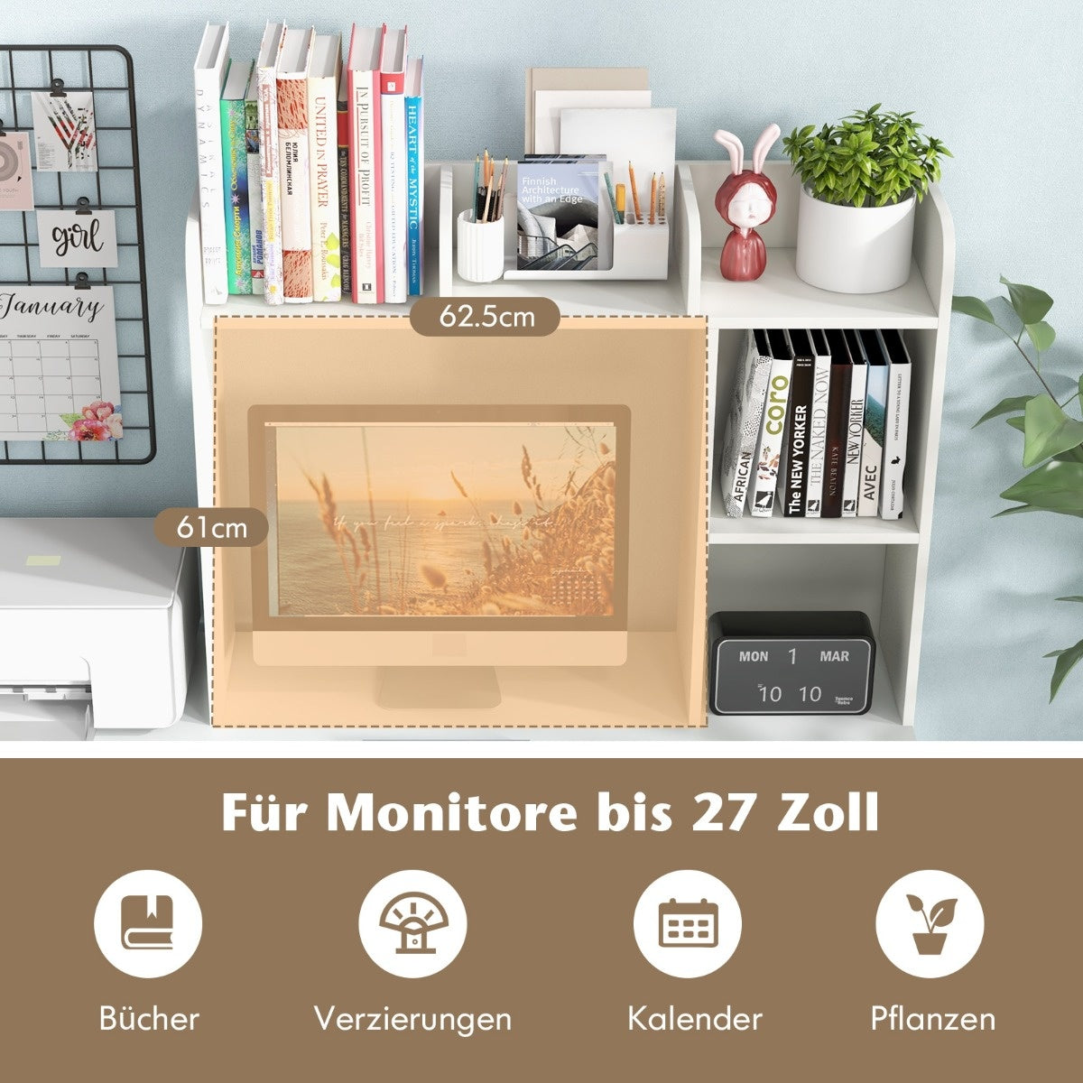 Coast Desk Plank Tablette multifonctionnelle en bois Tablette de présentation à 3 niveaux pour table d'ordinateur blanc