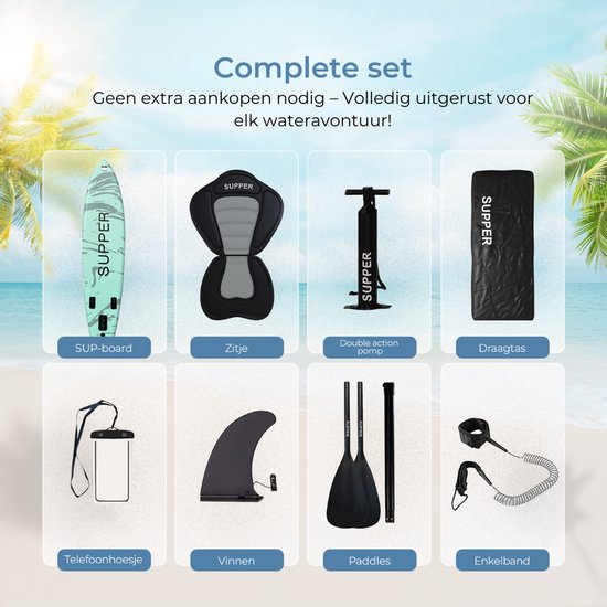 Supper Sup Board XL - Max 220KG - Gonflable - Paddle Board - Etui étanche - Pompe - Palme - Leash - Sac de transport - Touring 381 x 81 cm - Turquoise