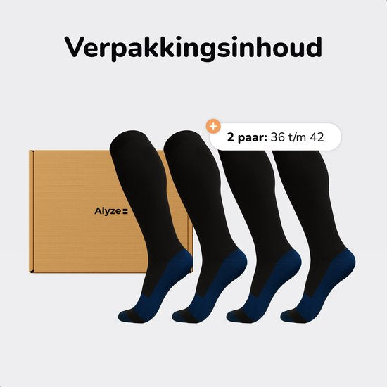 Alyze Bas de compression - 2 paires - Taille 36-41 - Haut - Chaussettes pour hommes et femmes - Médical - Neuropathie - Bas de contention - Diabète - Circulation sanguine, Course à pied, Avion, Lit - Noir