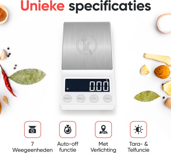 Kitchenwell digital mini precision kitchen scale white - 0.01 to 200 grams - 14.2 x 7.5 cm - balance de poche à piles - balance de cuisine