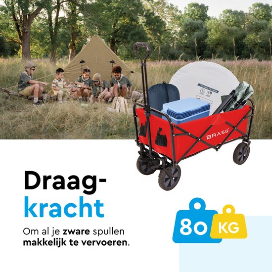 BRASQ Chariot pliable - 100 litres - Capacité 80 KG - Roues pivotantes avec frein - 90x51x100 CM - Poignée réglable - Chariot pliable - Compact - Rouge