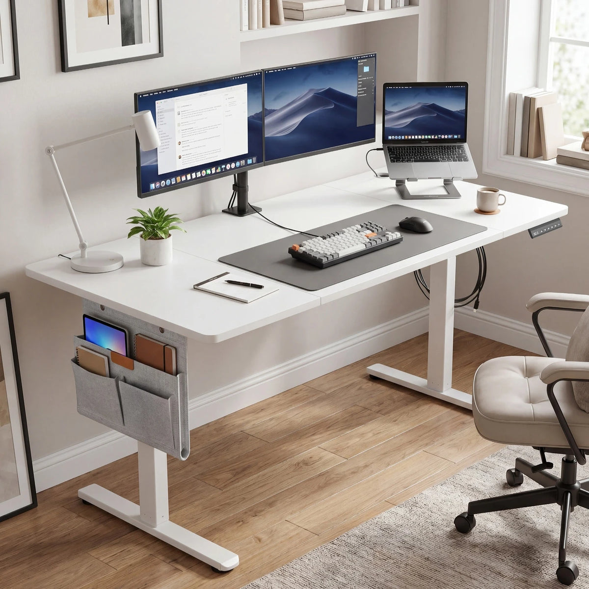 JOYFURNOS Bureau électrique assis-debout blanc 140,1 x 60,1 cm, réglable en hauteur