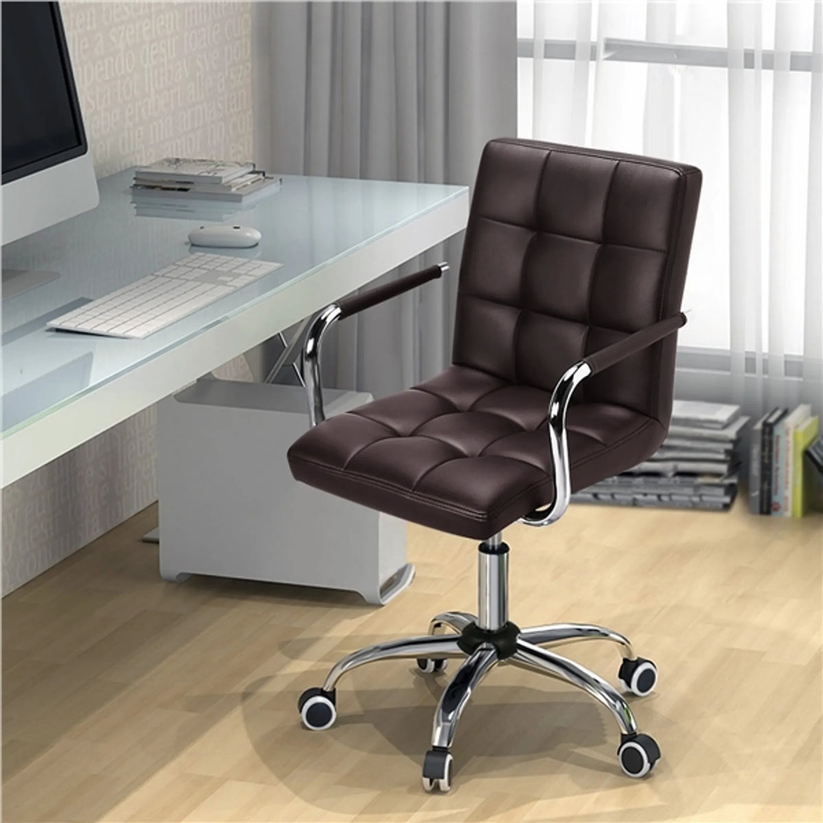 Yaheetech Chaise de bureau à hauteur d'assise réglable - 55 x 60,5 x 86,5-102 cm - équipée d'un rembourrage en mousse confortable, de roulettes insonorisantes et d'une structure en métal galvanisé - pour le bureau et la maison - en similicuir marron et