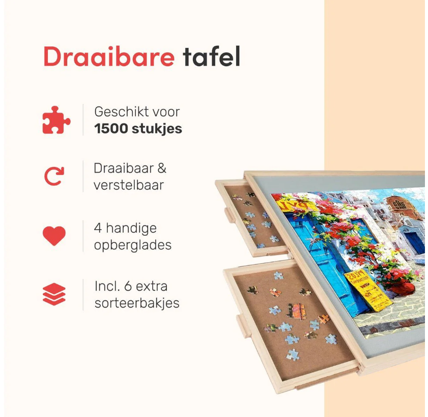 DIYDash Table de puzzle pivotante avec système de rangement - 1500 pièces - 4 tiroirs - tapis - planche - plateau - étagère - Deluxe - tapis roulant - tissu - pour puzzles - 1000