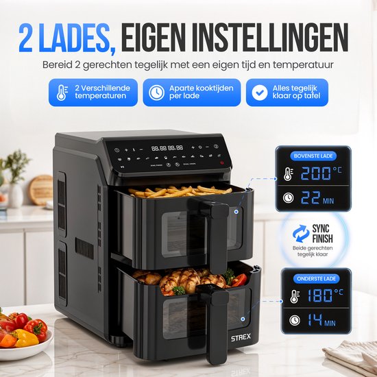 Strex Airfryer à double panier 11 L XXL, friteuse à air chaud 2 500 W - Airfryer à 2 paniers - Dual Basket - 13 programmes de cuisson - Grande friteuse à air chaud verticale pour toute la famille