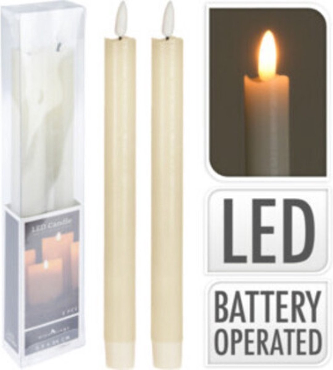 Bougies dînatoires à leds - 2 pièces - blanc crème - 24cm- avec effet de flamme