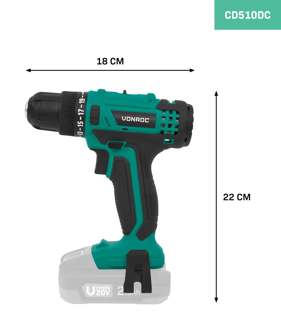Vonroc Perceuse sans fil 20V - 19 modes de vissage + mode de perçage - 2 embouts inclus - Batterie et chargeur rapide inclus