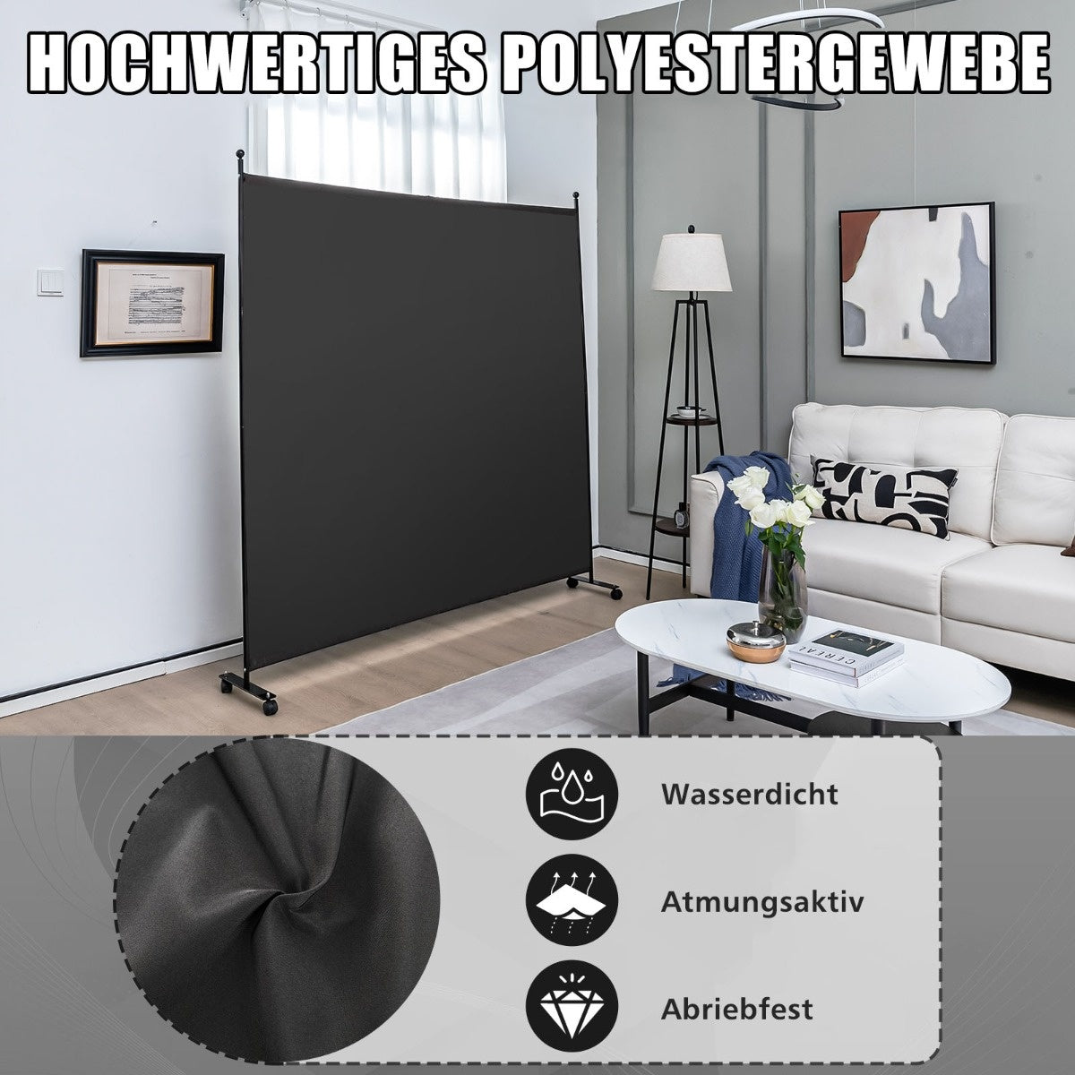 Coast 184 x 184 cm Séparation de pièce sur roulettes Paravent avec panneau Séparation pliante - Salon - Chambre à coucher