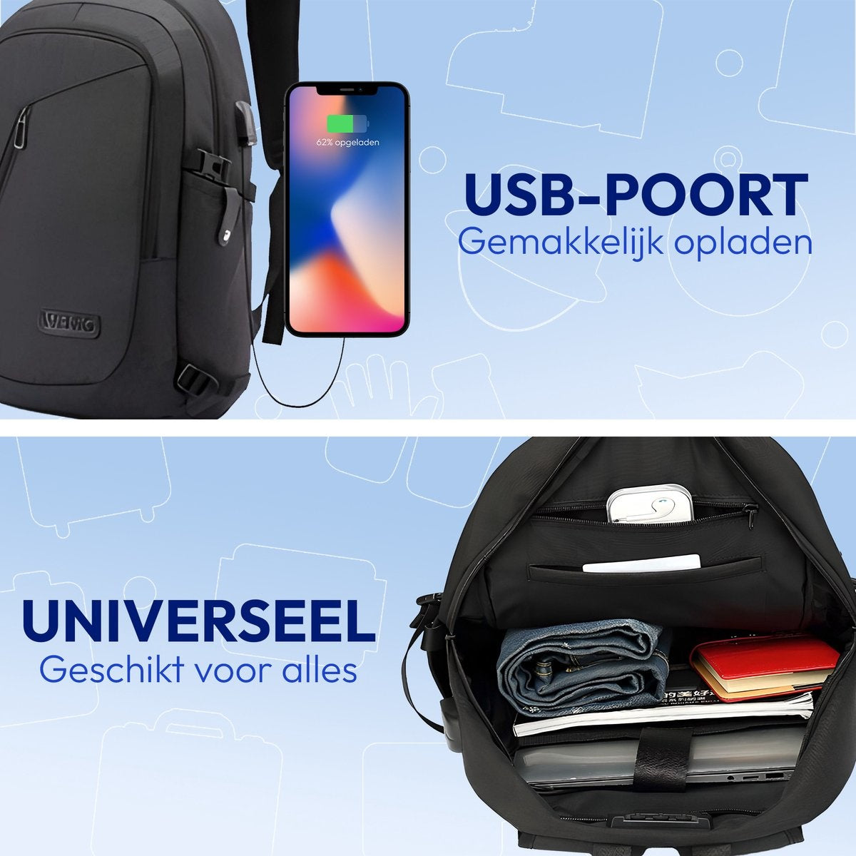 Sac à dos pour ordinateur portable - Cartable - Sac à dos - Sacoche pour ordinateur portable - Station de recharge USB - Tissu hydrofuge - 35 à 39cm - Noir