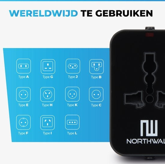 Adaptateur Universel avec 2 ports USB à charge rapide - Northwall - Prise de voyage internationale pour plus de 150 pays - Angleterre, Amérique, Afrique du Sud, USA, Italie, Royaume-Uni, Australie, Inde, ...