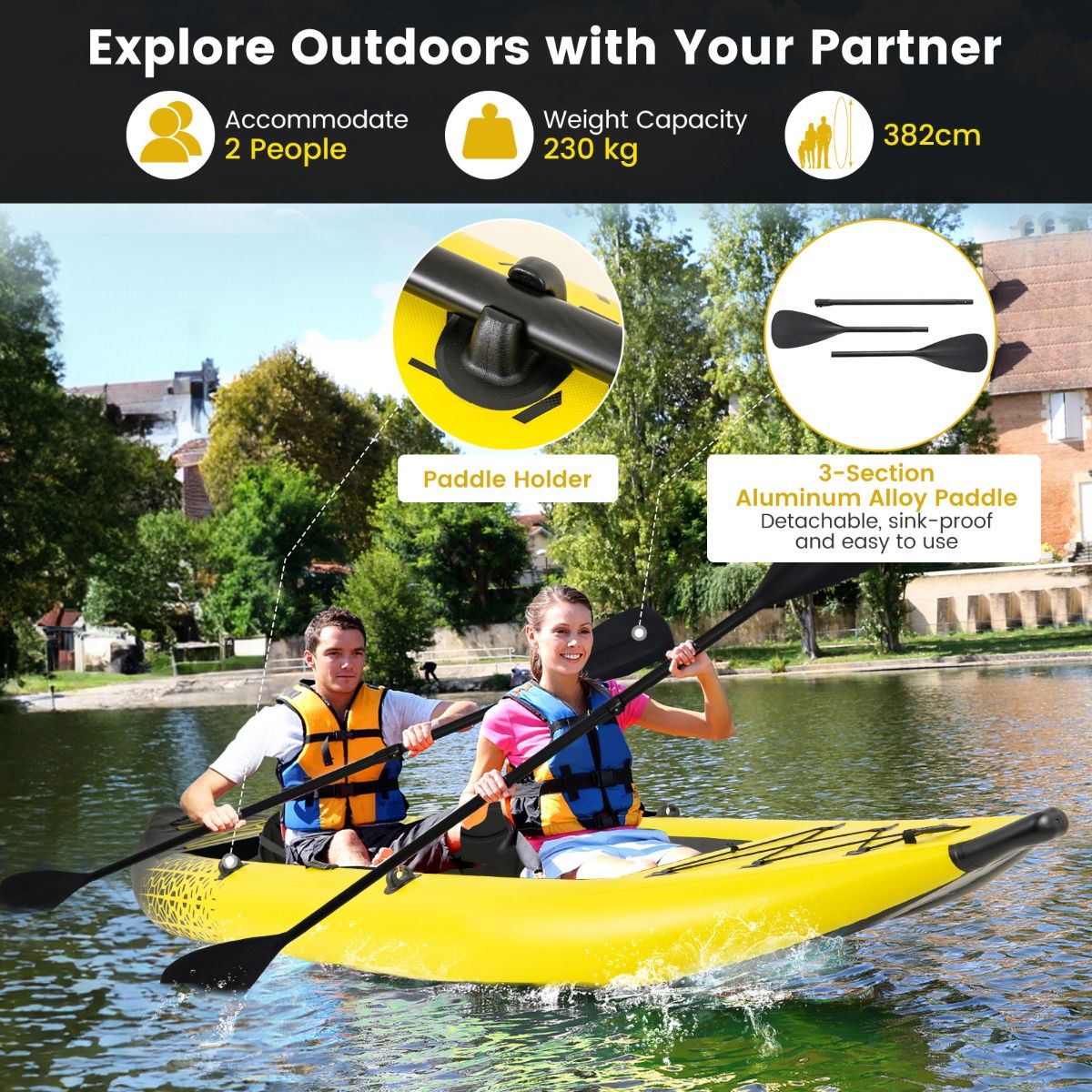 Kayak gonflable Coast pour 2 personnes - Sièges réglables - Pagaies et pompe à main incluses - Jaune