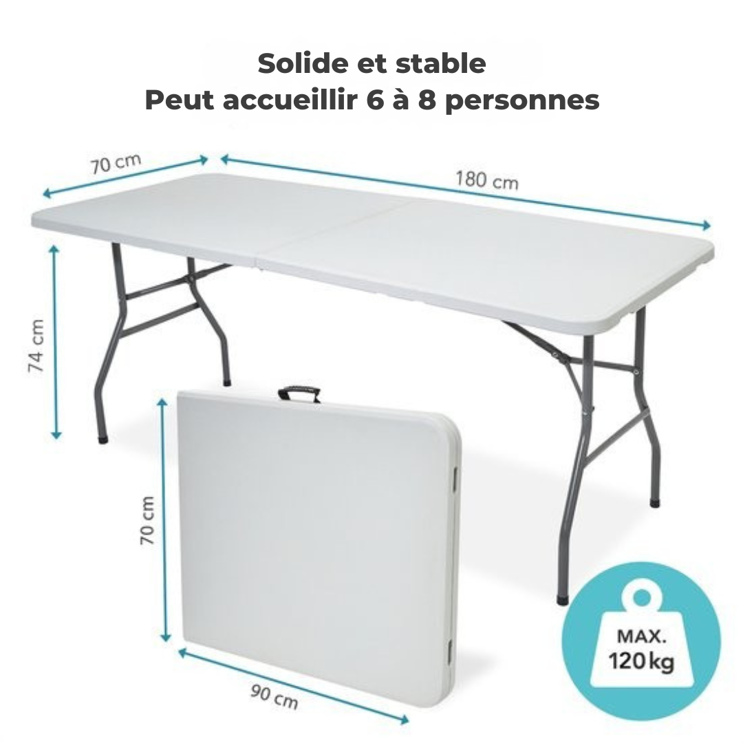 LifeGoods Table pliante - 70x180cm - Table pliante ajustable et robuste - Résiste aux intempéries - Table pliante pour l'extérieur - Blanc