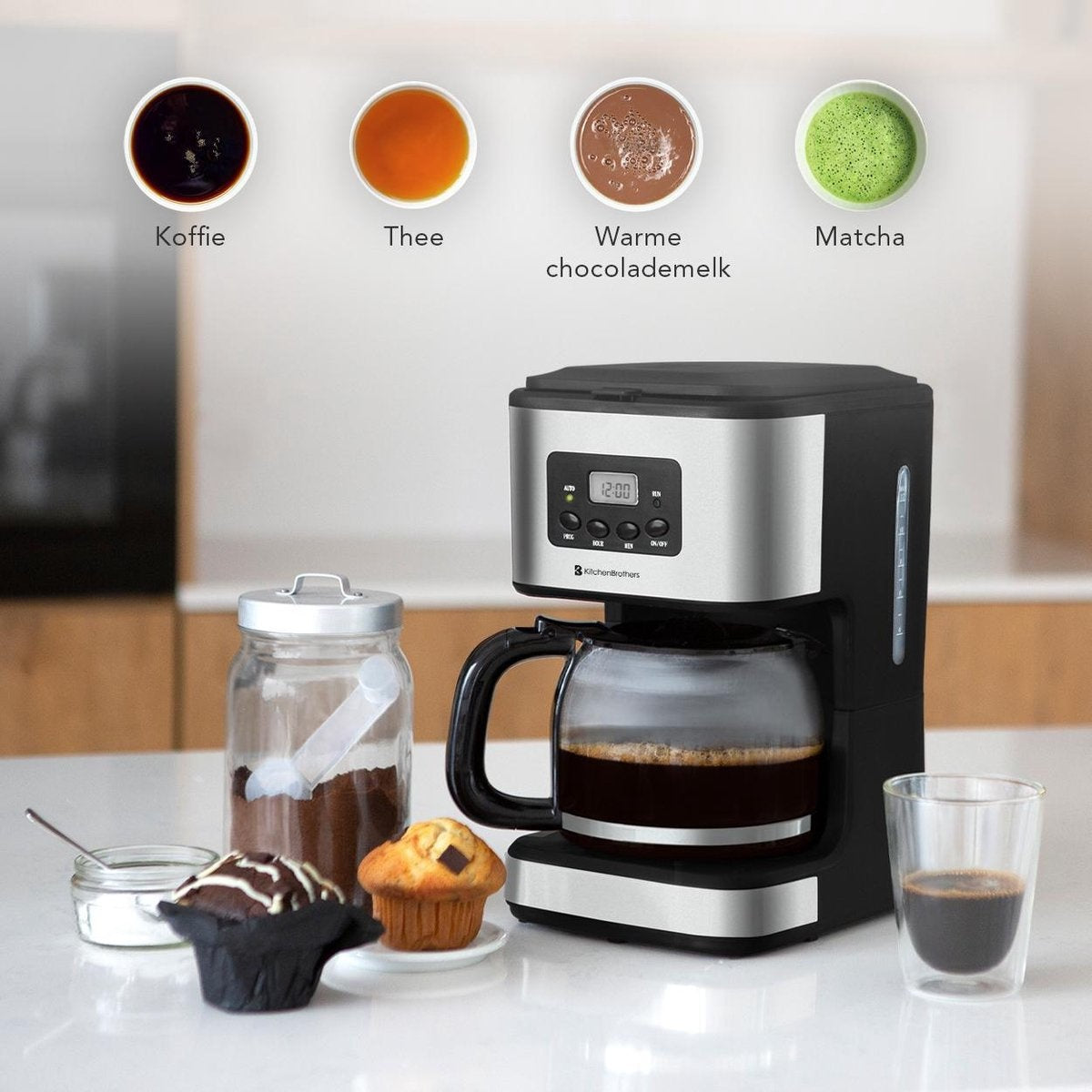 Cafetière KitchenBrothers - Avec pichet en verre - 12 tasses - Noir