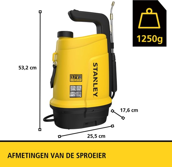Stanley Pressure Sprayer 5 L, pulvérisateur à pression, pulvérisateur de jardin, électrique, batterie rechargeable lithium, lance télescopique, buse réglable, autonomie 2.5 h, max 2 bar, 0.33 L/minute, jaune/noir
