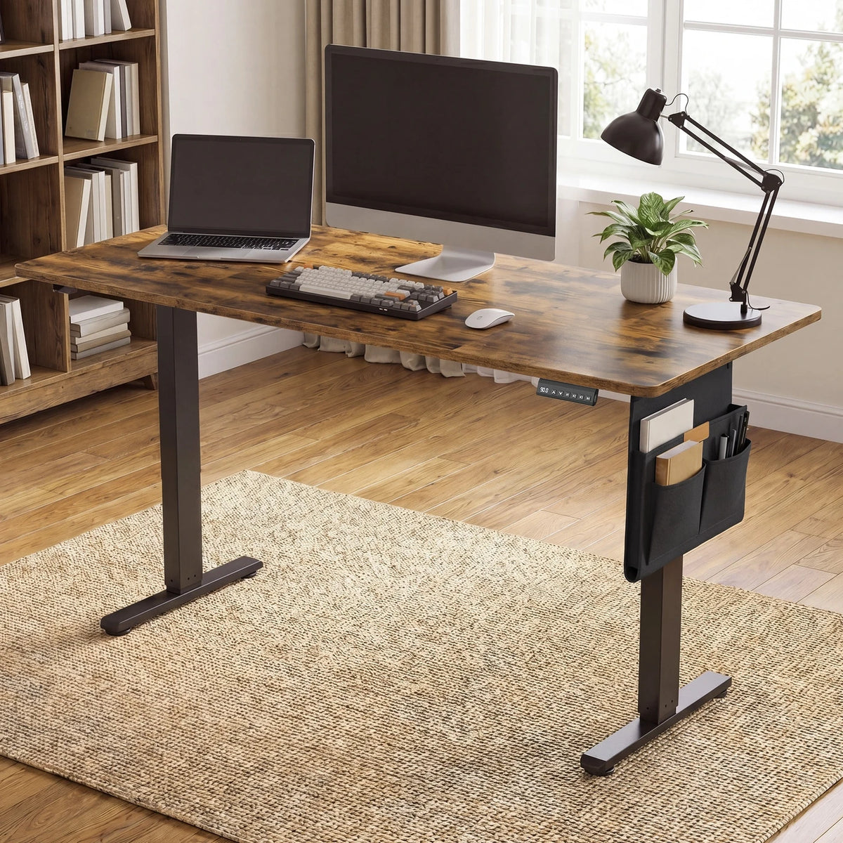 Bureau assis-debout électrique Joyfurnos 140 x 60 cm - Réglable en hauteur avec fonction mémoire - USB-C - Marron
