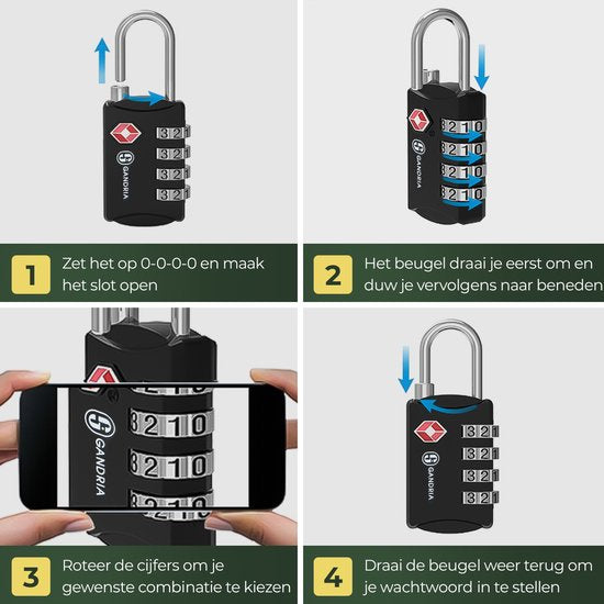 Cadenas de voyage Gandria - Serrure TSA - Serrure de voyage 2 pièces - Cadenas à 4 chiffres - Serrure de valise 4 chiffres - Acier allié au zinc