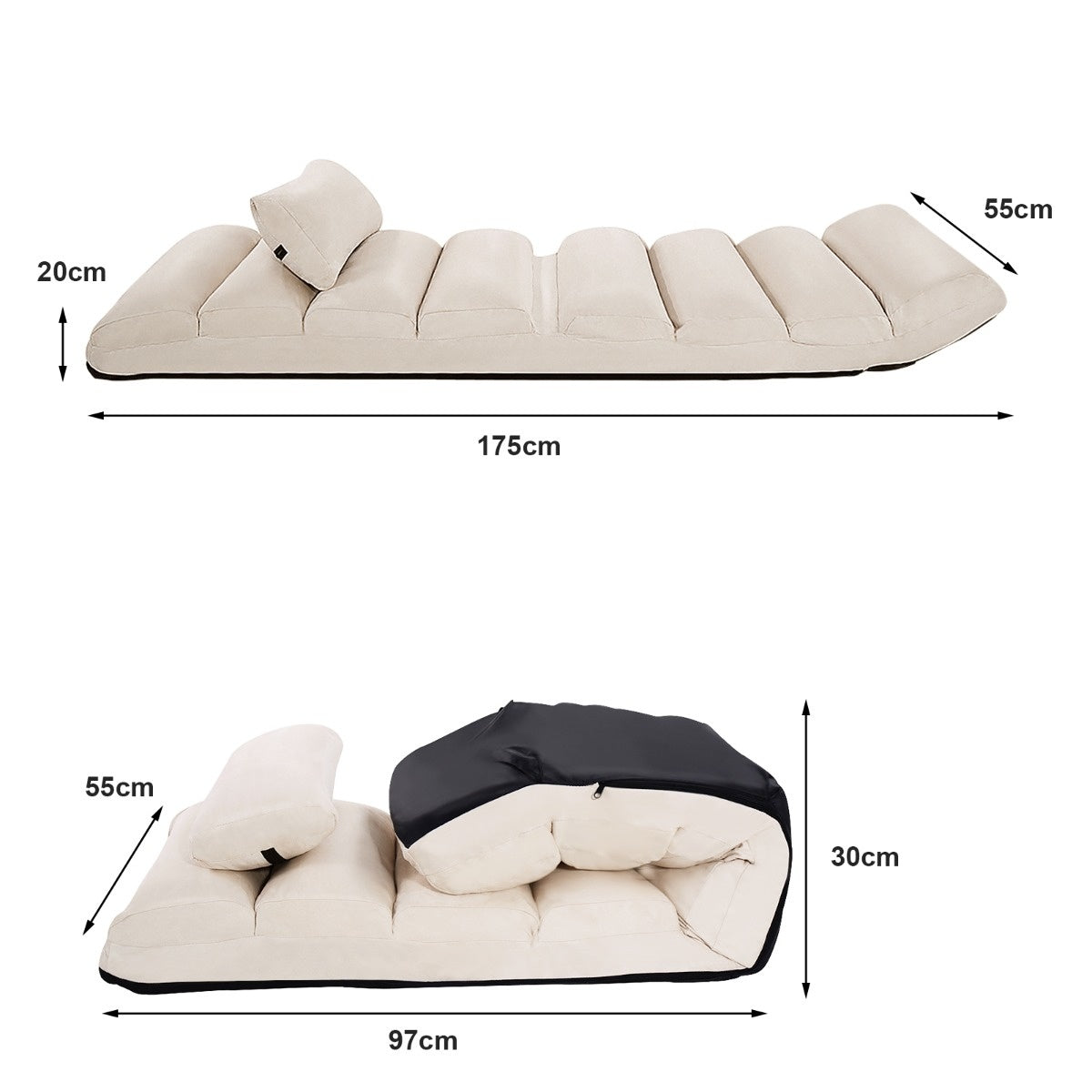 Coast floor chair 5-way adjustable suede cushion chair 175 x 55 x 20 cm beige