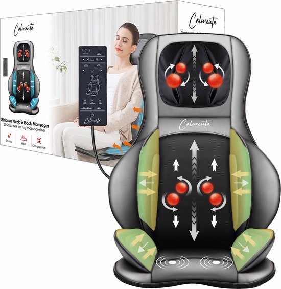 CALMENTA® Chaise de massage shiatsu - Sac de rangement - Appareil de massage pour le dos et le cou - Coussin de massage - Massage par compression - Fonction de chaleur électrique - Vibration - Douleurs du dos et du cou - Tapis de massage