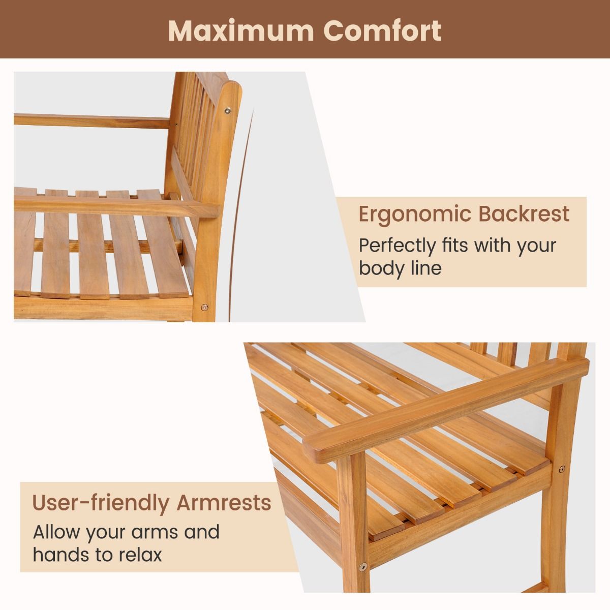 Banc de jardin Coast - Bois d'acacia massif - 2 places - Capacité de charge jusqu'à 360 kg - Finition naturelle - 110 x 56,5 x 86 cm