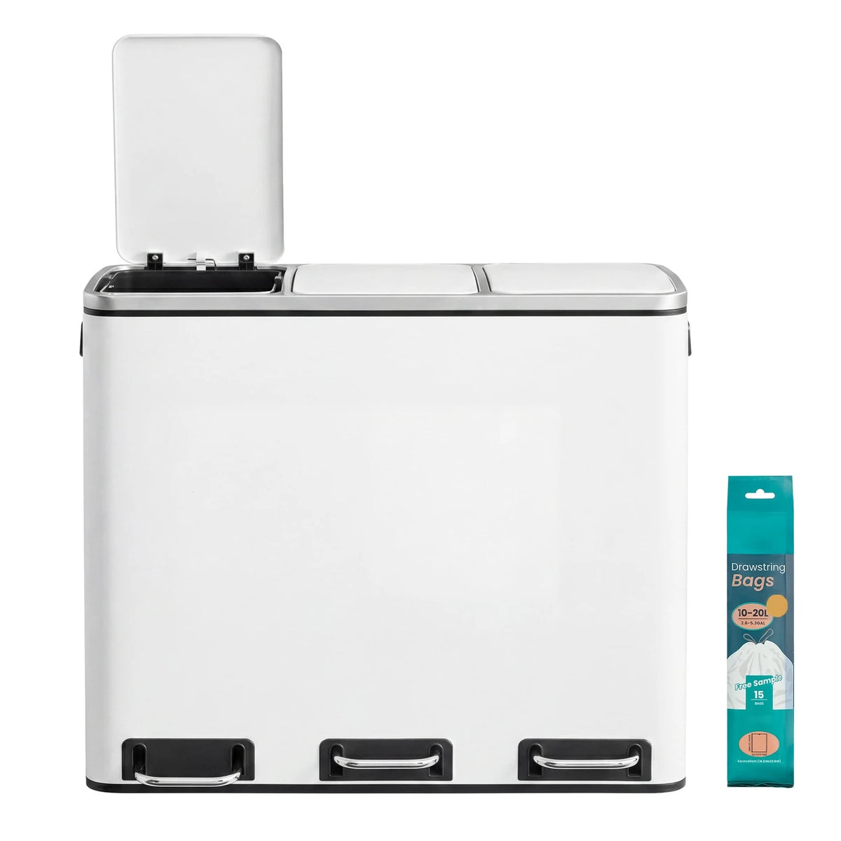 Poubelle de cuisine Joyfurnos 3 x 18 L - Tri sélectif avec pédale - Couvercle à fermeture douce - 61 x 31,5 x 55,5 cm - Blanc