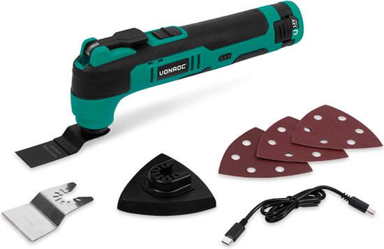VONROC Battery Multitool 12V - avec lame de grattoir, lame de scie plongeante, tampon de ponçage et papier de verre - Batterie et câble usb-c inclus