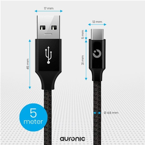 Auronic Câble USB-C - 5M - 2,4A - USB C vers USB-A - Nylon tressé - Noir