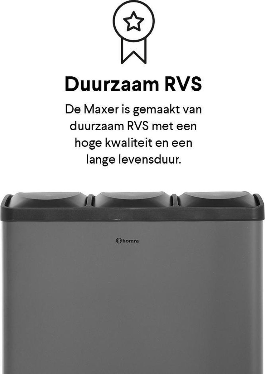 Homra MAXER Poubelle - 3 Compartiments - 60 Litres (3x 20L) - Poubelle à pédale - Gris