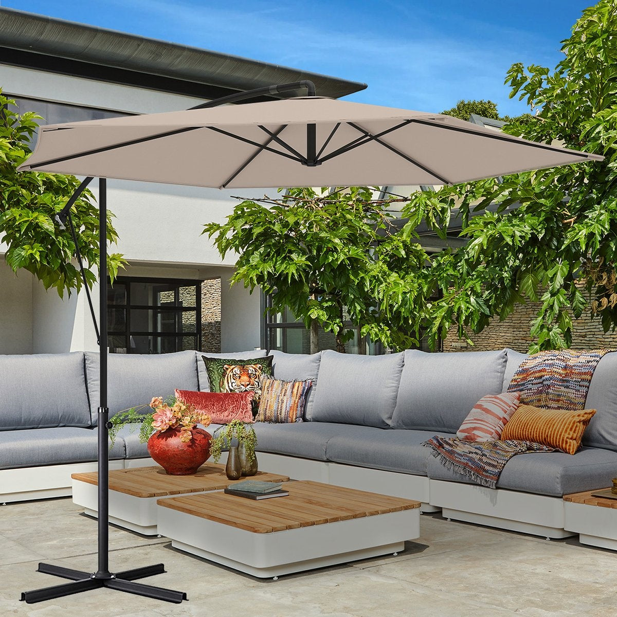 LifeGoods Parasol flottant - jusqu'à 8 personnes - Ø300cm - imperméable - avec housse et base en croix - jardin ou plage - Crème