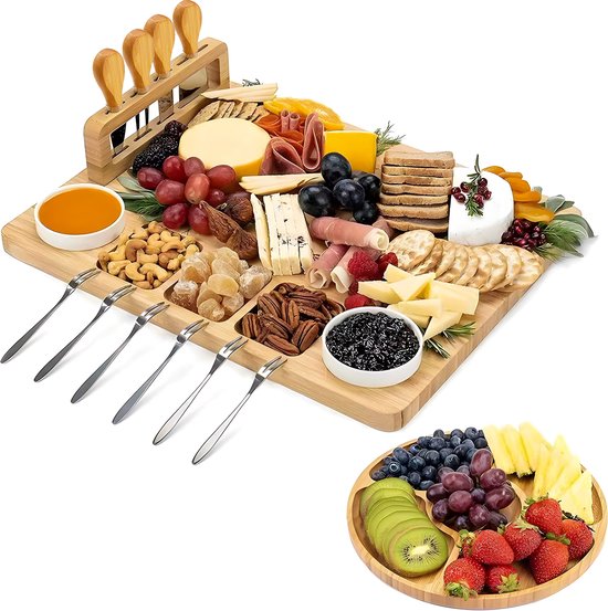 Kicinn Drinking Board - Tapas Board - Cheese Board - Serving Board - Drinking Board Wood - Incl. Cheese Knives, Forks, Bowls and Extra Serving Board - Bamboo