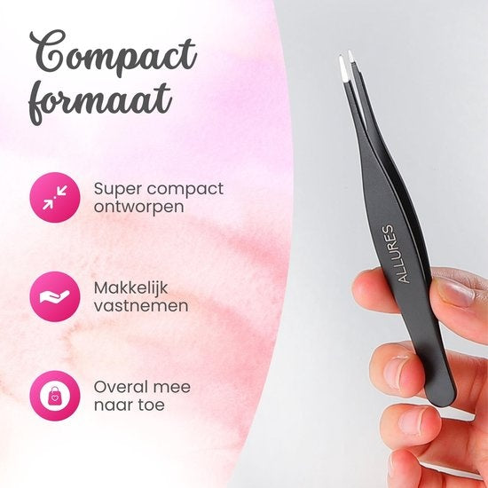 Allures Tweezers - Pince à épiler pointue - inclinée - Épilation - Beauté - Noir - acier inoxydable