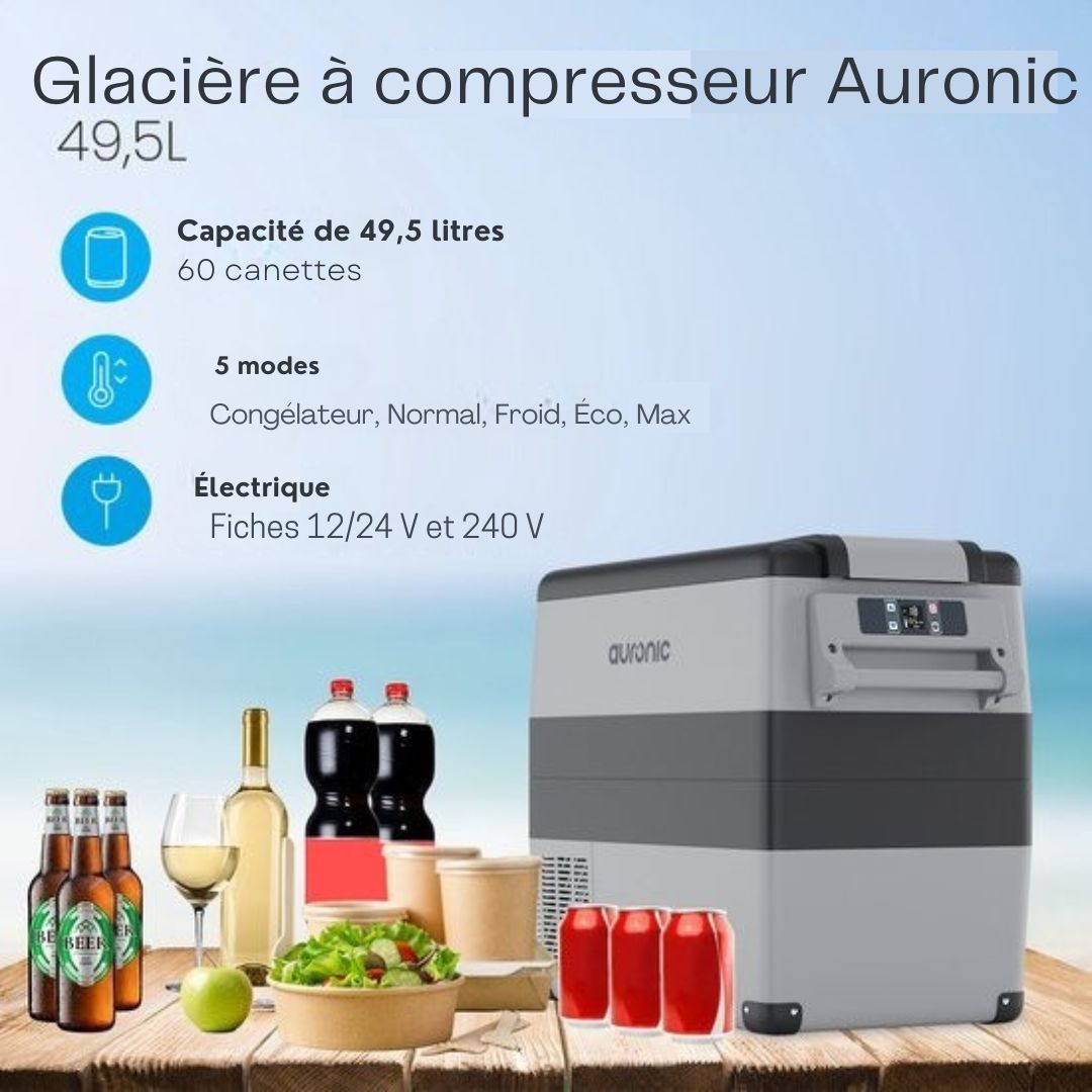 Glacière électrique à compresseur Auronic - 49.5L - Chargeur voiture 12V Prise de courant 230V - Gris