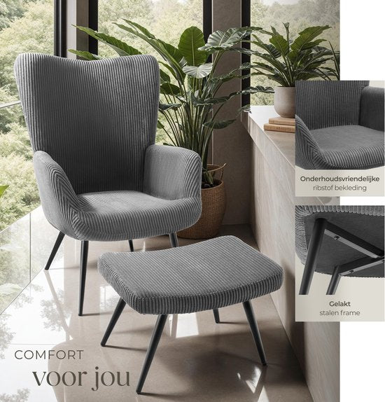 tectake® Ear Armchair with Hocker - Fauteuil scandinave Teddy Bouclé - Chaise de salon et de séjour - Pieds en métal noir - Capacité 150kg - Velours côtelé - Gris