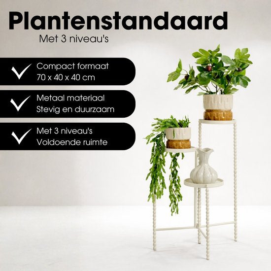 Mica Decorations Salvo - Support pour plantes d'intérieur - Tablette pour plantes d'intérieur - Support à trois étagères - 40 x 40 x 70 cm - Fer - Blanc cassé