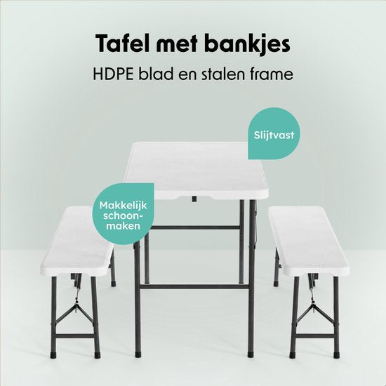 LifeGoods Set de pique-nique pliable - 124cm x 61.5cm - Table de jardin avec 2 bancs - Résistant aux intempéries - Table de camping - Table de bière pliable - Pour l'intérieur et l'extérieur - Pour 4 à 6 personnes - Blanc