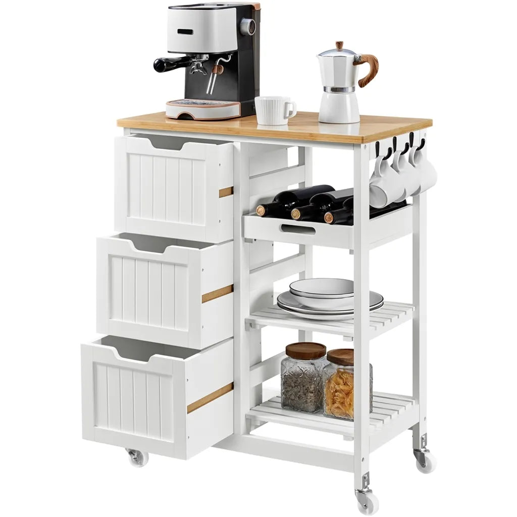 Chariot de cuisine Yaheetech sur roulettes – Blanc/Bambou – 67 x 37 x 84,5 cm – Avec 3 tiroirs et 3 étagères