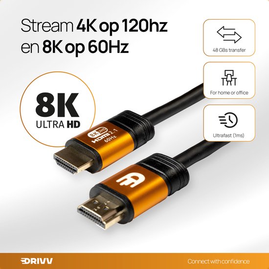 Drivv. Câble HDMI Premium 2.1 - Ultra HD 8K - 4K 120hz - Convient à Xbox Series X & PS5 - 2 mètres - Orange
