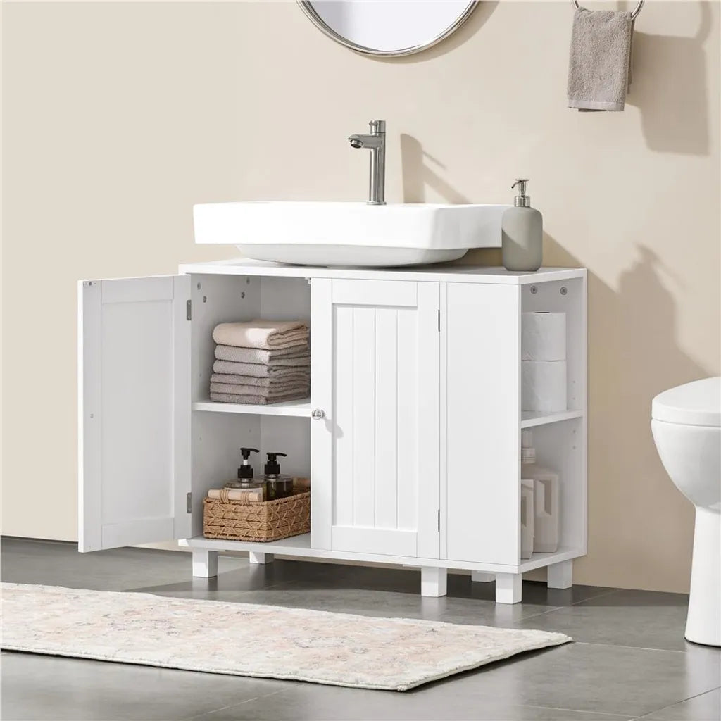 Meuble sous-lavabo Yaheetech 75 x 30 x 62 cm – Blanc – Avec 4 compartiments, des étagères ouvertes et un porte-serviettes