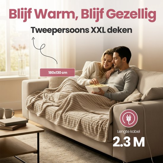 STAUS&BACH Couverture électrique 3XL - Couverture supérieure pour 2 personnes - Couverture chauffante en polaire Sherpa double face - Beige - 180x160 cm PowerNap