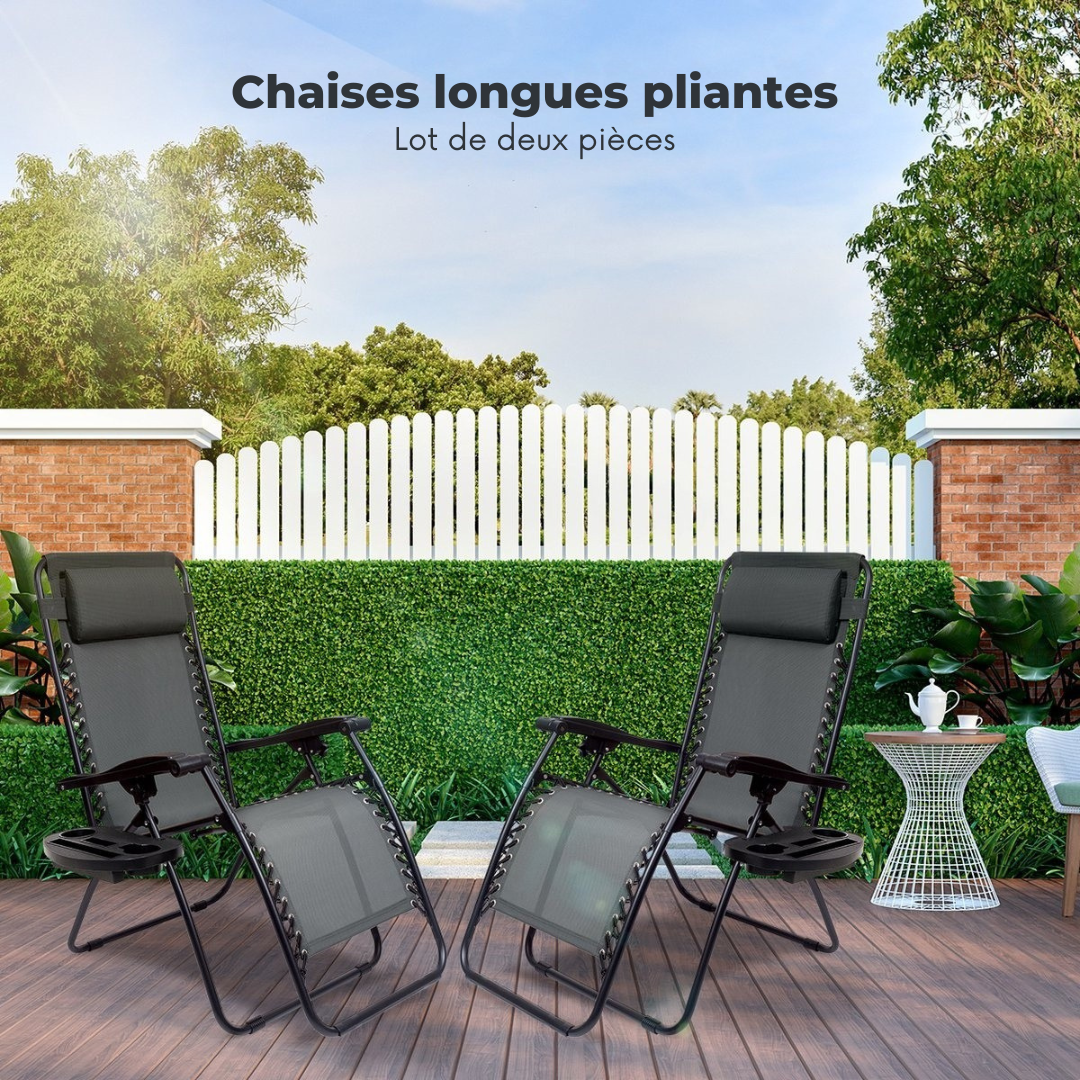 LifeGoods Chaises de jardin pliables - parasol réglable - 2 pièces - 30°-90° réglable - métal - gris foncé